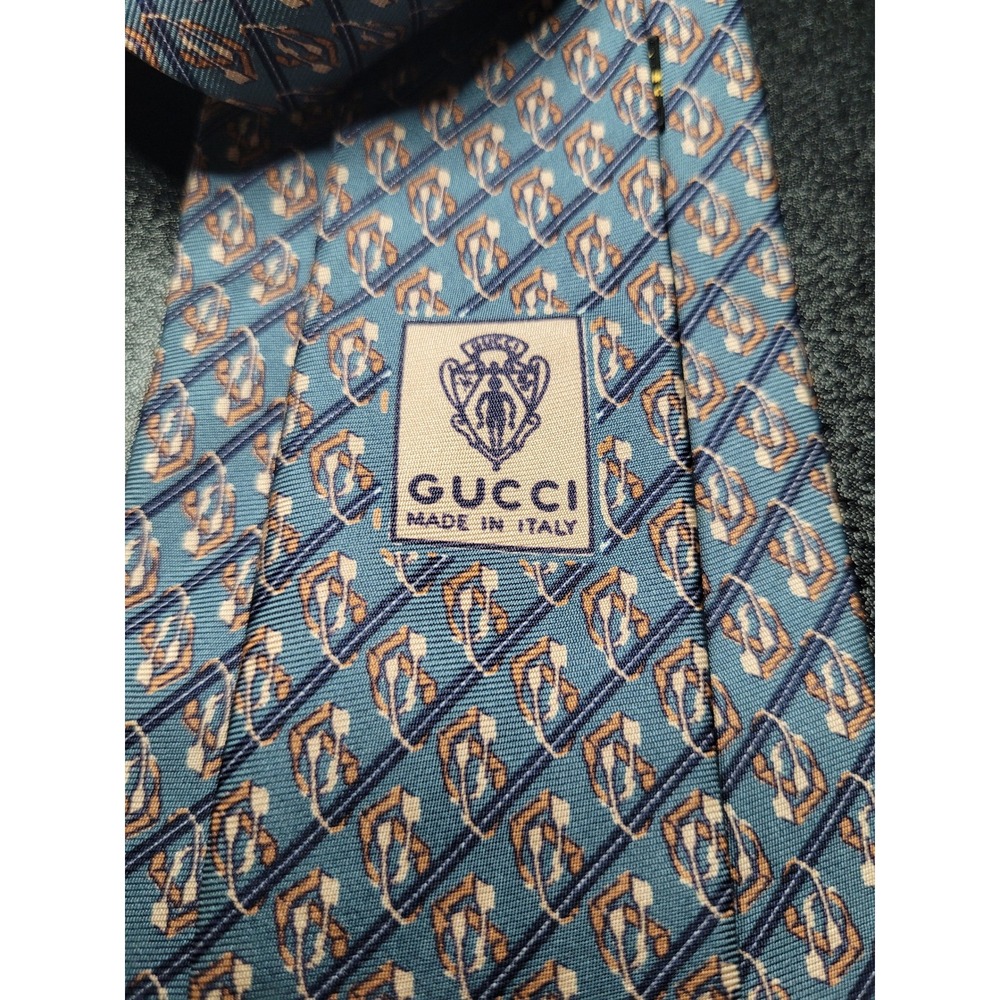 Gucci Men's Necktie Blue Geometric Stirrup 100% Silk 3.5" x 58" Excellent - Picture 6 of 9